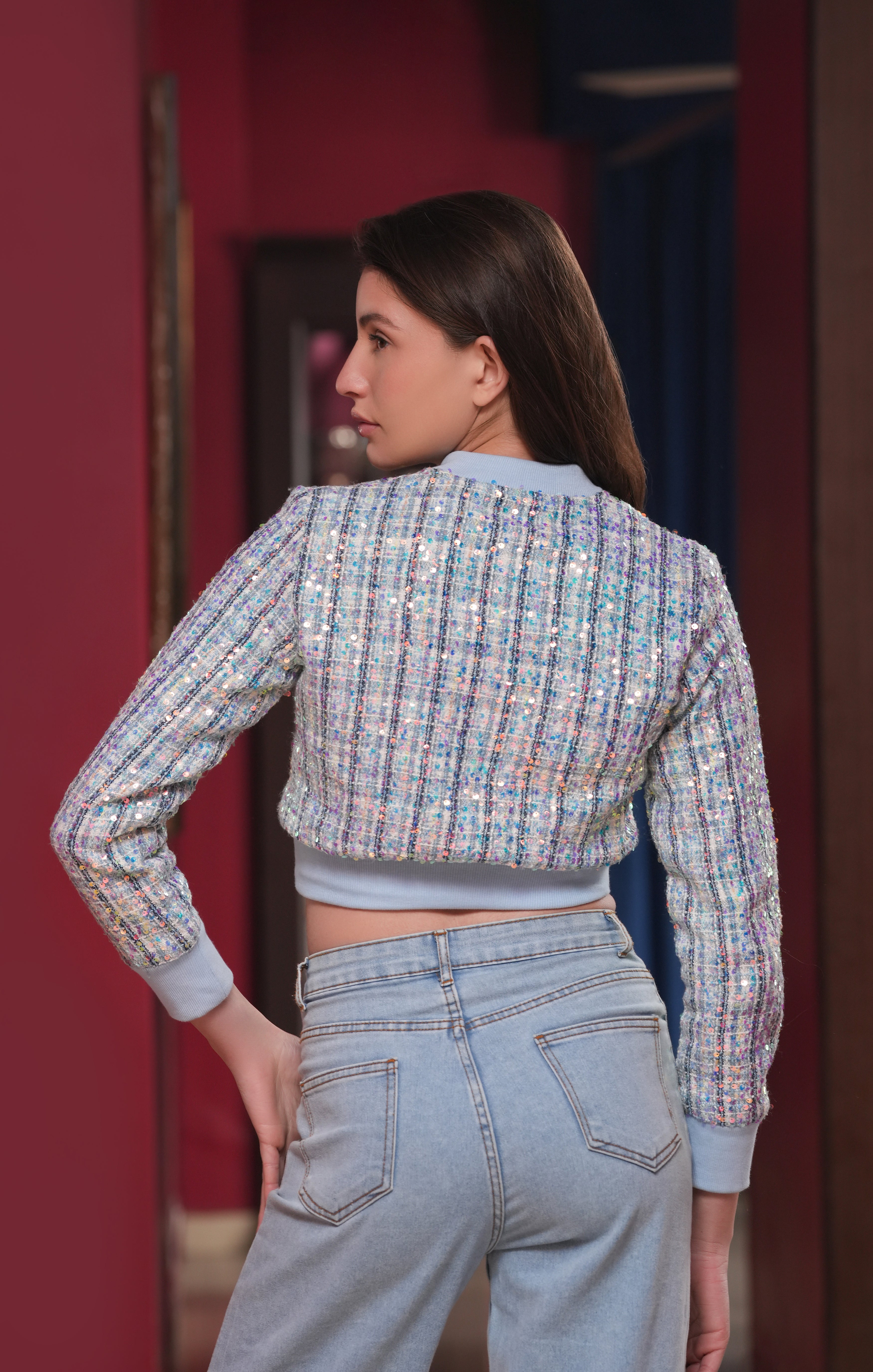 CONFETTI SEQUIN TWEED BOMBER JACKET  (AE-1005)