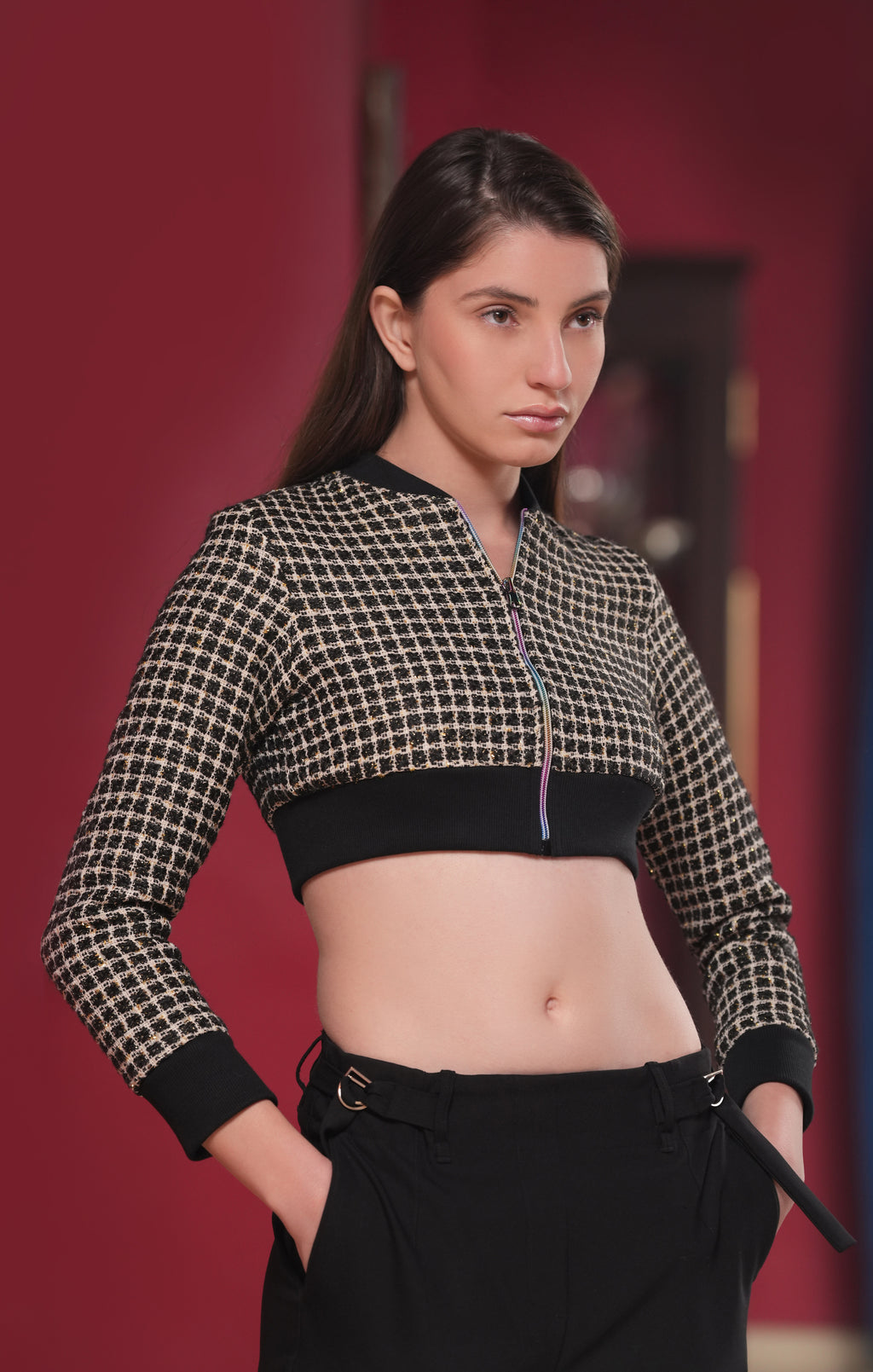 SEQUIN TWEED CROP BOMBER JACKET (AE-1006)