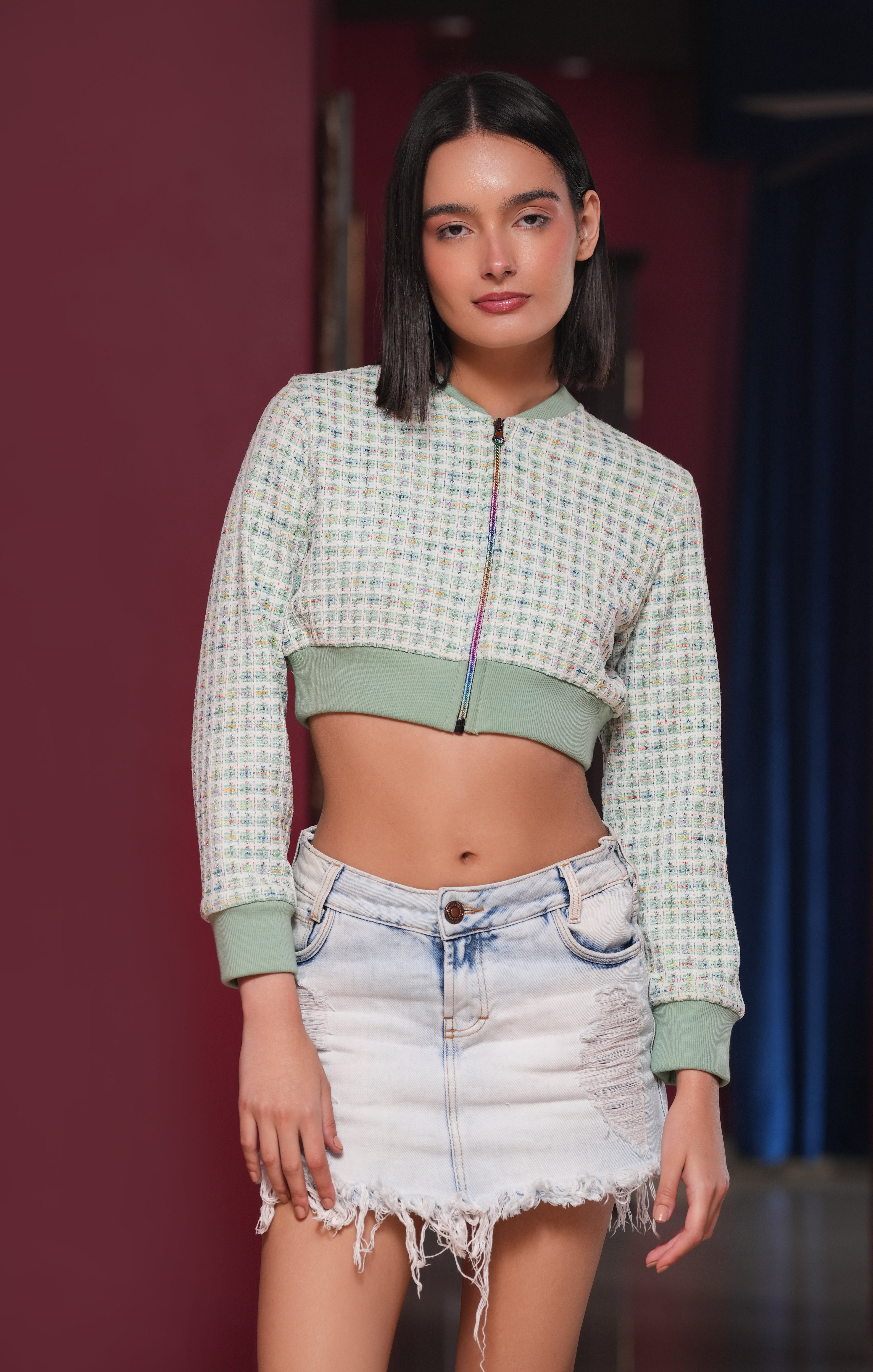 SEQUIN TWEED CROP BOMBER JACKET (AE-1006)