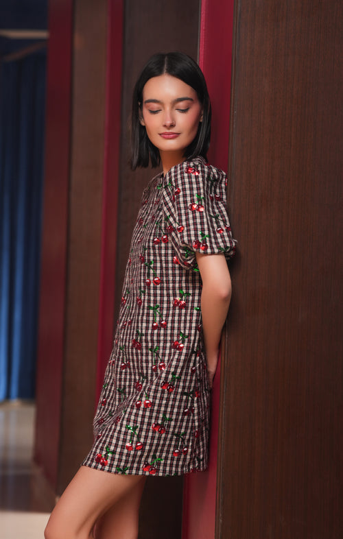 Cherry Sequin Flannel Dress (AE-1014)
