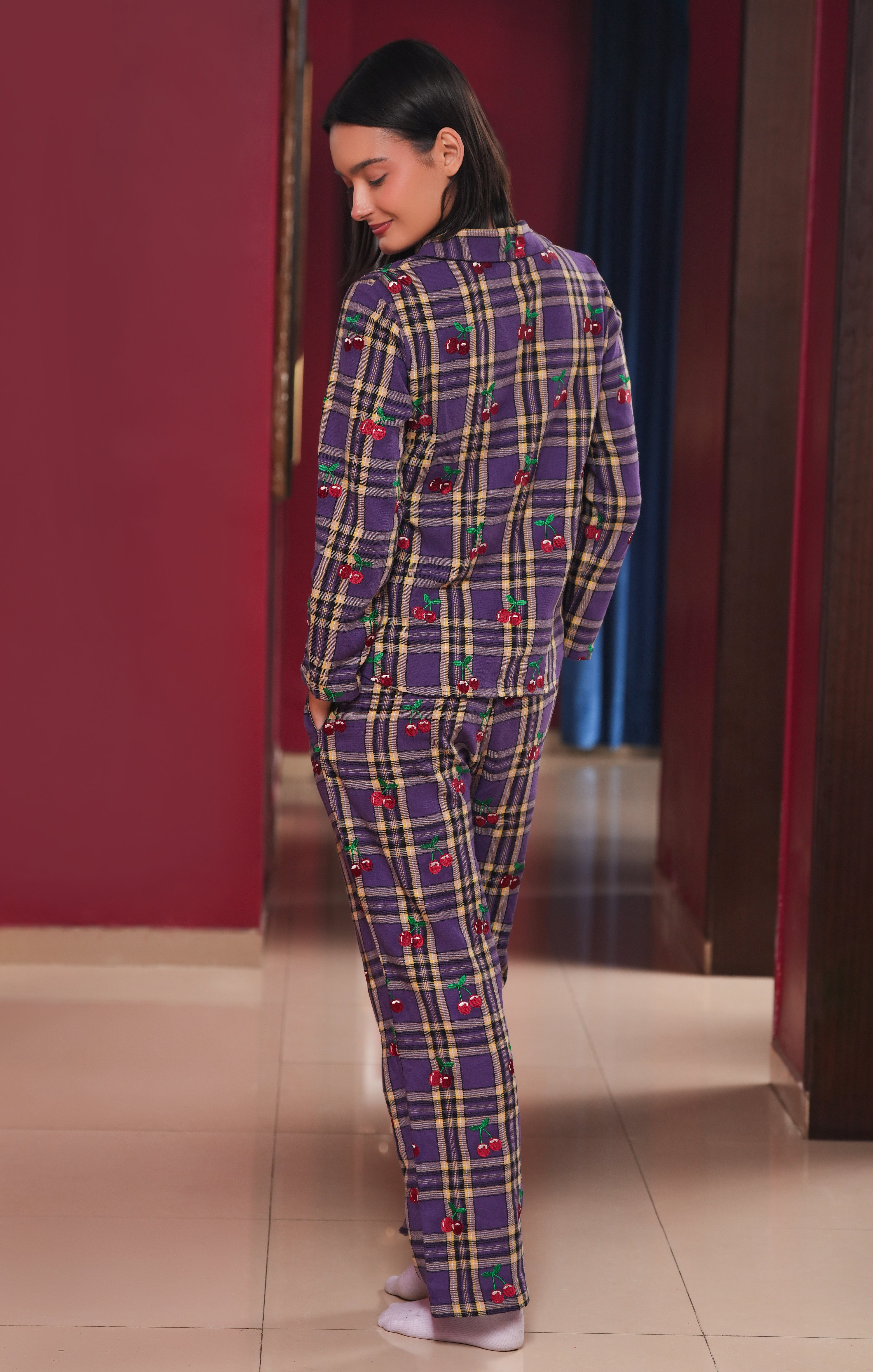 Cherry Embroidered Flannel Night Suit Set (AE-1022)